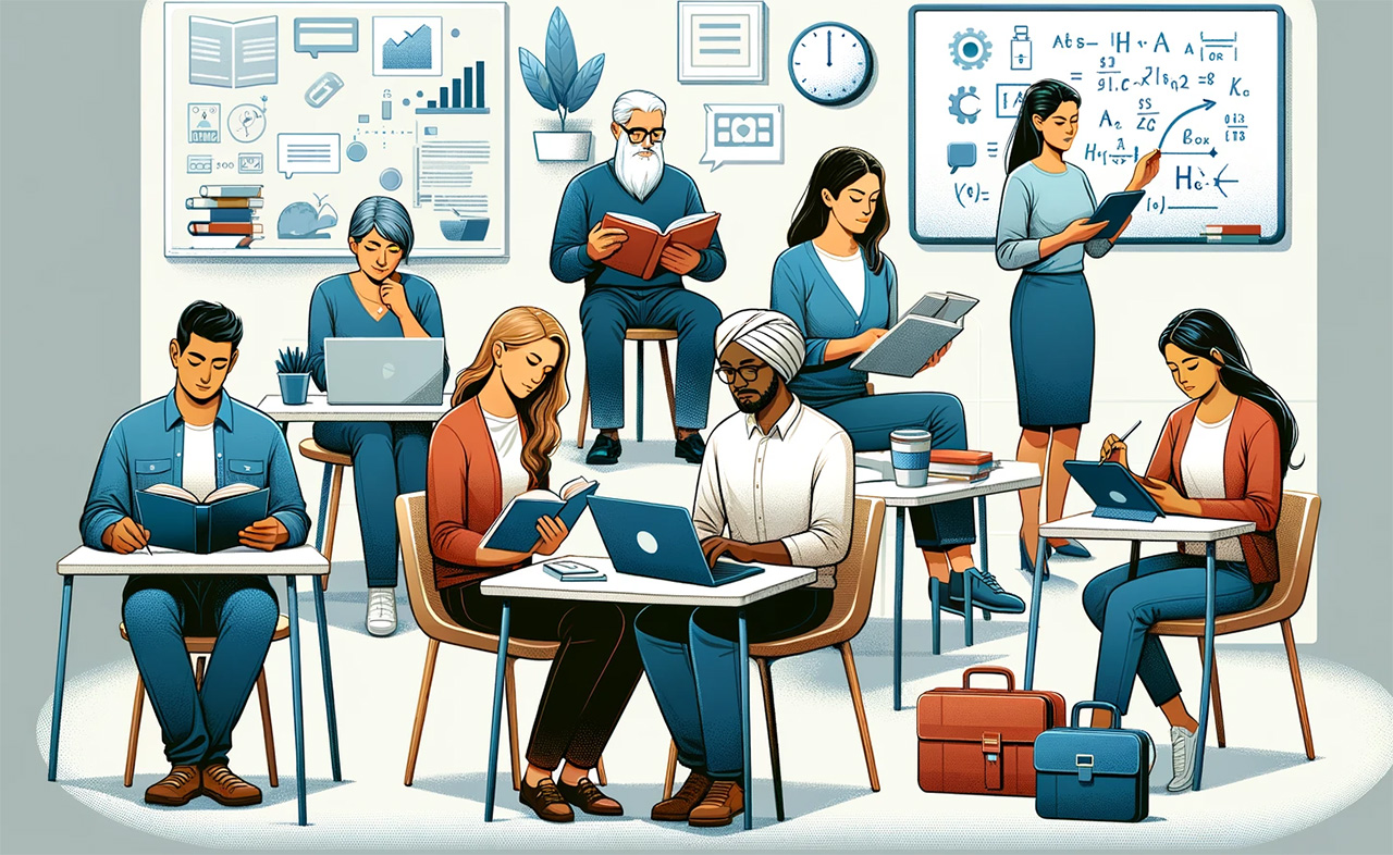 Illustration showing several adults being involved in different learning activities.